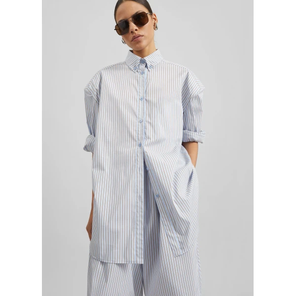 The Frankie Shop Oana Cotton Padded Shirt - Light Blue/Brown Stripe - Oversized Minimalist Tops in Multicolour - Shop at Luxury Shoes 