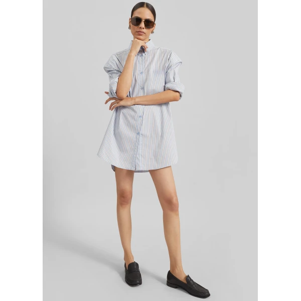 The Frankie Shop Oana Cotton Padded Shirt - Light Blue/Brown Stripe - Oversized Minimalist Tops in Multicolour - Shop at Luxury Shoes 