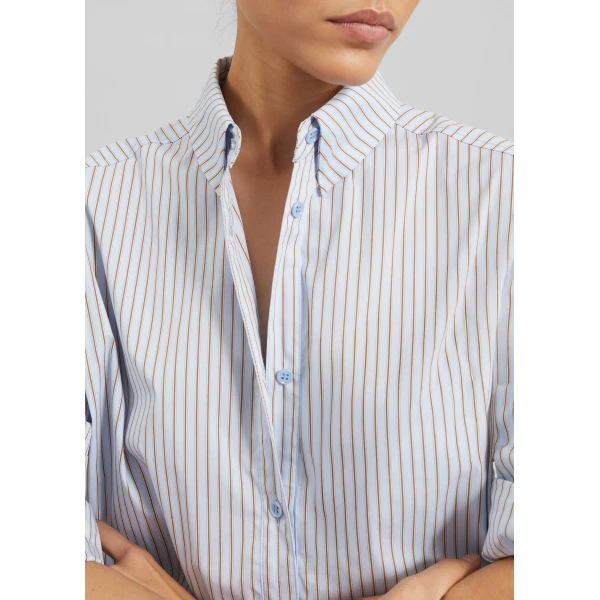 The Frankie Shop Oana Cotton Padded Shirt - Light Blue/Brown Stripe - Oversized Minimalist Tops in Multicolour - Shop at Luxury Shoes 