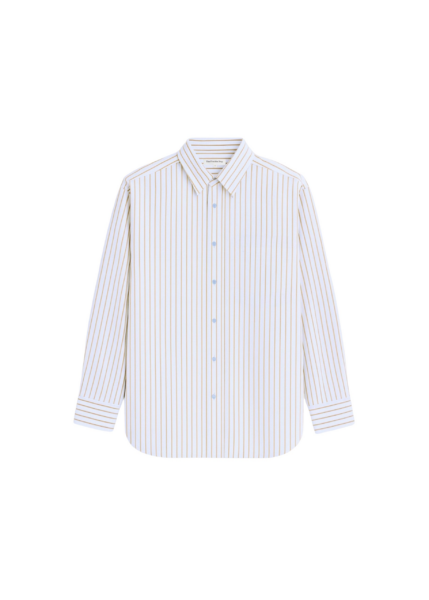 The Frankie Shop Oana Cotton Padded Shirt - Light Blue/Brown Stripe - Oversized Minimalist Tops in Multicolour - Shop at Luxury Shoes 