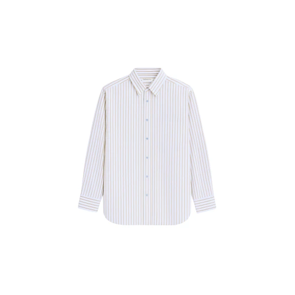 The Frankie Shop Oana Cotton Padded Shirt - Light Blue/Brown Stripe - Oversized Minimalist Tops in Multicolour - Shop at Luxury Shoes 