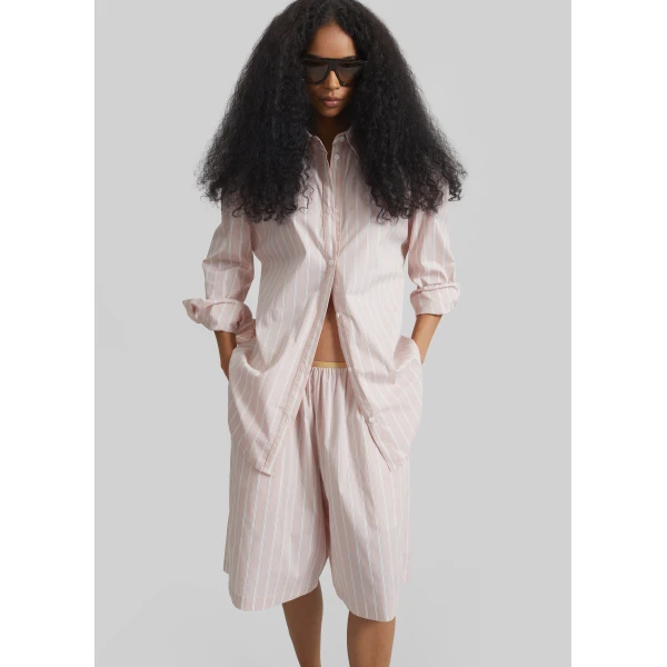 The Frankie Shop Oana Cotton Padded Shirt - Pink/White Stripes - Oversized Minimalist Tops in Multicolour - Shop at Luxury Shoes 