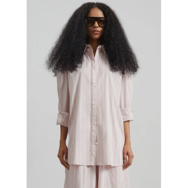 The Frankie Shop Oana Cotton Padded Shirt - Pink/White Stripes - Oversized Minimalist Tops in Multicolour - Shop at Luxury Shoes 