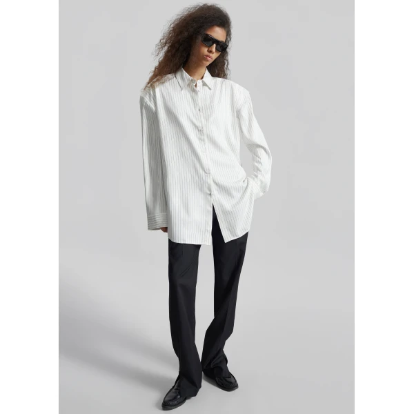 The Frankie Shop Oana Fluid Button-Up Shirt - White/Black Stripe - Oversized Minimalist Tops in Multicolour - Shop at Luxury Shoes 