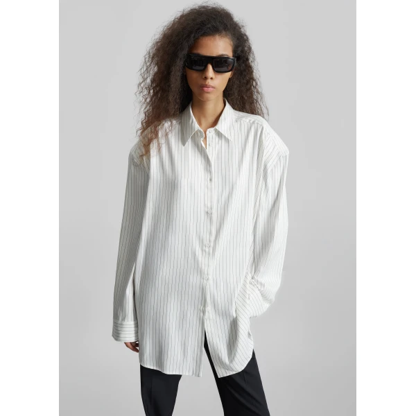 The Frankie Shop Oana Fluid Button-Up Shirt - White/Black Stripe - Oversized Minimalist Tops in Multicolour - Shop at Luxury Shoes 