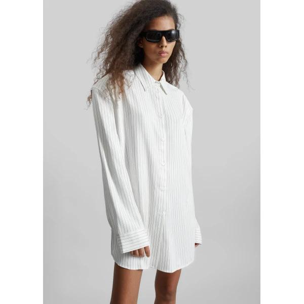 The Frankie Shop Oana Fluid Button-Up Shirt - White/Black Stripe - Oversized Minimalist Tops in Multicolour - Shop at Luxury Shoes 