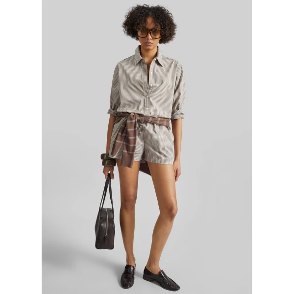 The Frankie Shop Odemira Mini Boxer Shorts - Beige Plaid - Oversized Minimalist Shorts in Multicolour - Shop at Luxury Shoes 