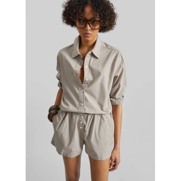 The Frankie Shop Odemira Mini Boxer Shorts - Beige Plaid - Oversized Minimalist Shorts in Multicolour - Shop at Luxury Shoes 