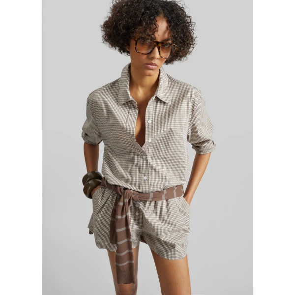 The Frankie Shop Odemira Mini Boxer Shorts - Beige Plaid - Oversized Minimalist Shorts in Multicolour - Shop at Luxury Shoes 