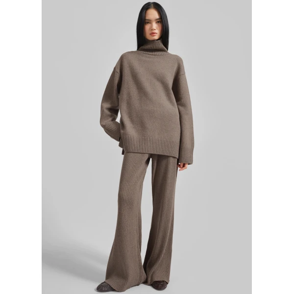 The Frankie Shop Odense Ribbed Flared Pants - Brown - Oversized Minimalist Pants in Beige - Shop at Luxury Shoes 