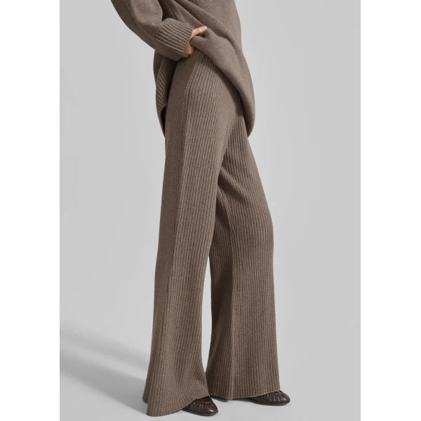 The Frankie Shop Odense Ribbed Flared Pants - Brown - Oversized Minimalist Pants in Beige - Shop at Luxury Shoes 