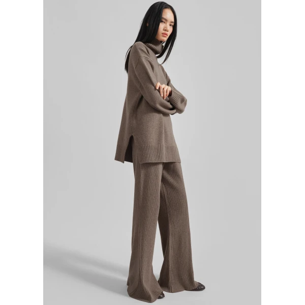 The Frankie Shop Odense Ribbed Flared Pants - Brown - Oversized Minimalist Pants in Beige - Shop at Luxury Shoes 
