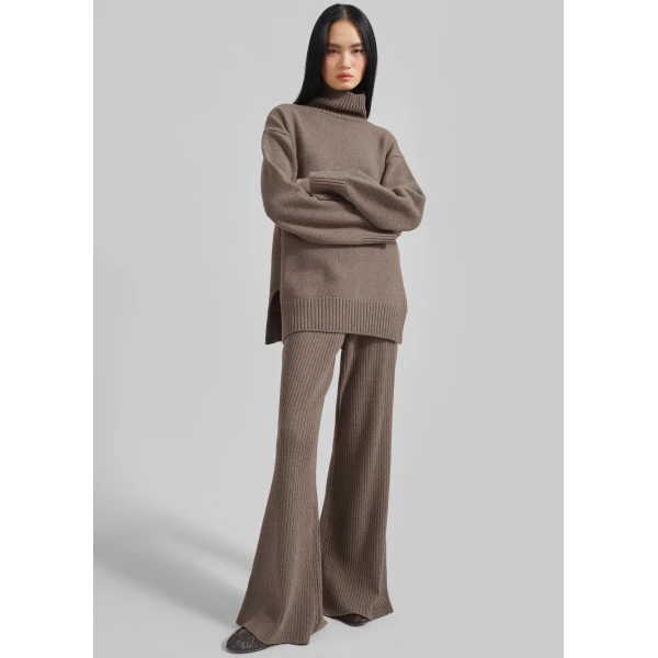 The Frankie Shop Odense Ribbed Flared Pants - Brown - Oversized Minimalist Pants in Beige - Shop at Luxury Shoes 