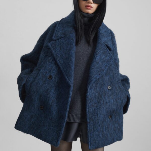 The Frankie Shop Odeone Brushed Wool Peacoat – Navy Melange Coat, view 3