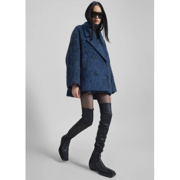 The Frankie Shop Odeone Brushed Wool Peacoat - Navy Melange - Oversized Minimalist Coats in Blue - Shop at Luxury Shoes 