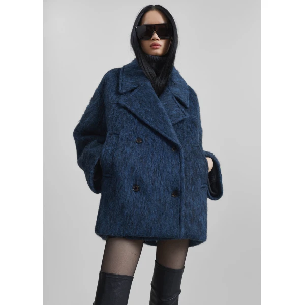The Frankie Shop Odeone Brushed Wool Peacoat - Navy Melange - Oversized Minimalist Coats in Blue - Shop at Luxury Shoes 
