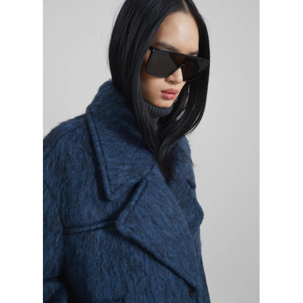 The Frankie Shop Odeone Brushed Wool Peacoat - Navy Melange - Oversized Minimalist Coats in Blue - Shop at Luxury Shoes 