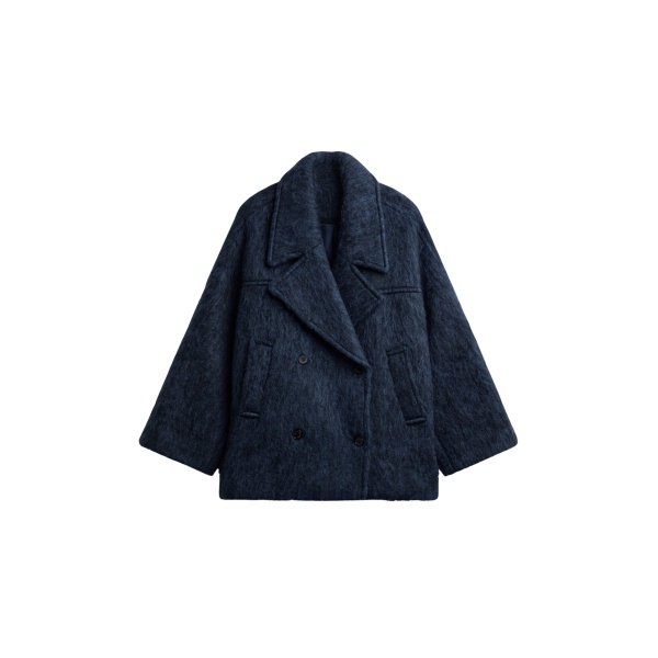 The Frankie Shop Odeone Brushed Wool Peacoat - Navy Melange - Oversized Minimalist Coats in Blue - Shop at Luxury Shoes 