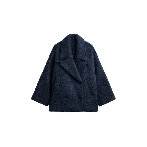 The Frankie Shop Odeone Brushed Wool Peacoat - Navy Melange - Oversized Minimalist Coats in Blue - Shop at Luxury Shoes 