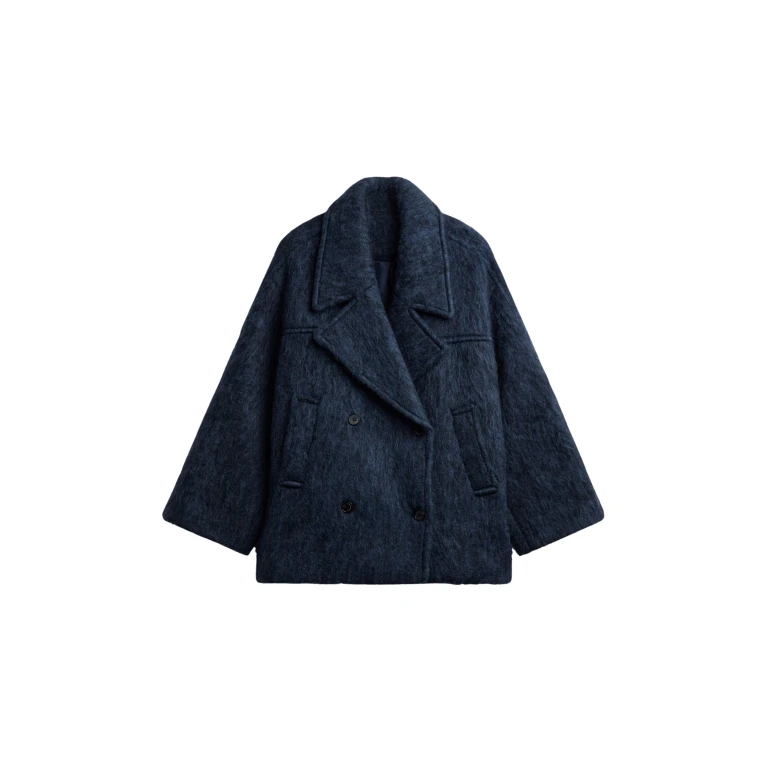 The Frankie Shop Odeone Brushed Wool Peacoat - Navy Melange - Oversized Minimalist Coats in Blue - Shop at Luxury Shoes 