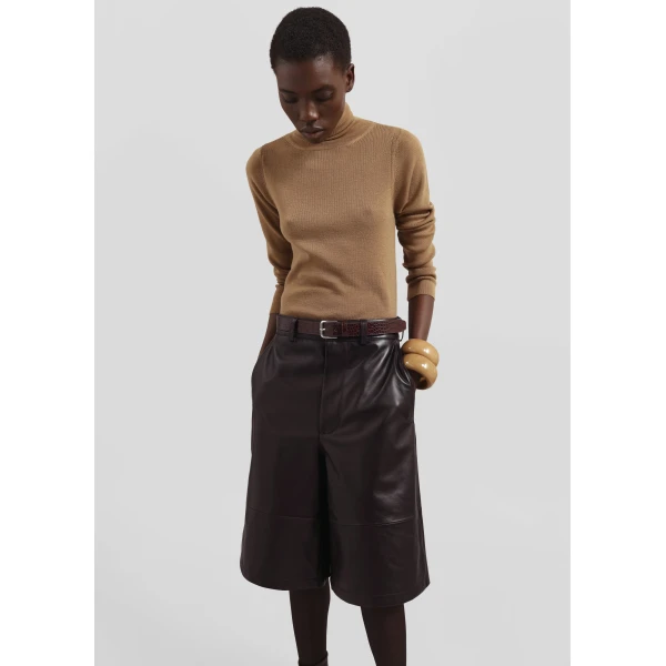 The Frankie Shop Olivia Leather Bermuda Shorts - Dark Brown - Oversized Minimalist Shorts in Beige - Shop at Luxury Shoes 
