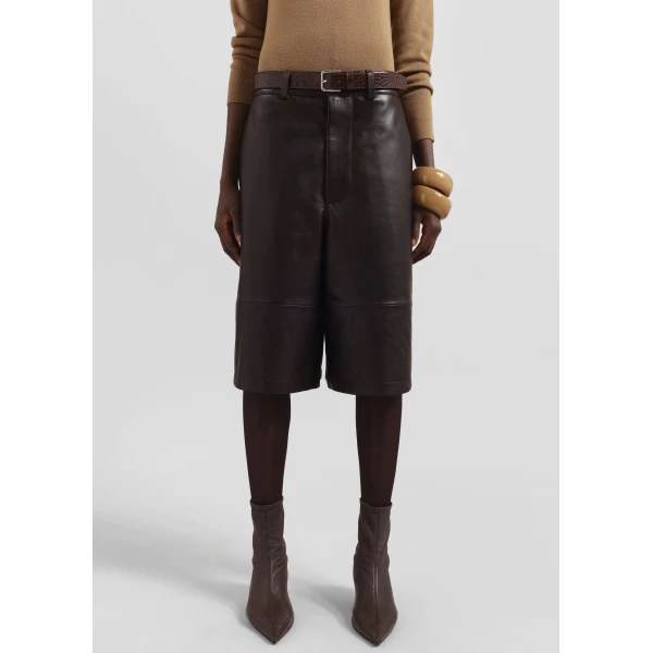 The Frankie Shop Olivia Leather Bermuda Shorts - Dark Brown - Oversized Minimalist Shorts in Beige - Shop at Luxury Shoes 