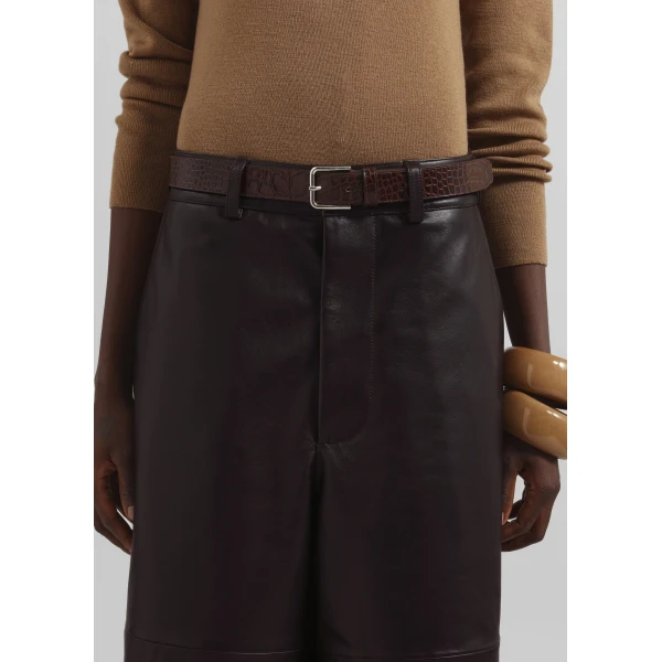 The Frankie Shop Olivia Leather Bermuda Shorts - Dark Brown - Oversized Minimalist Shorts in Beige - Shop at Luxury Shoes 