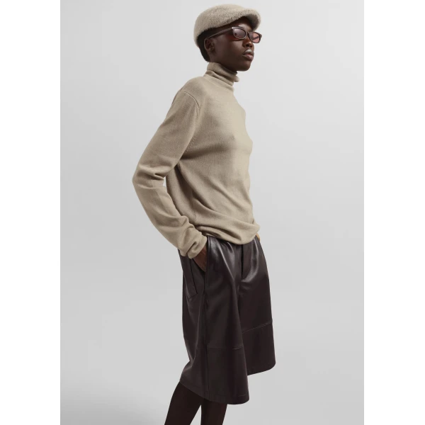 The Frankie Shop Olivia Leather Bermuda Shorts - Dark Brown - Oversized Minimalist Shorts in Beige - Shop at Luxury Shoes 
