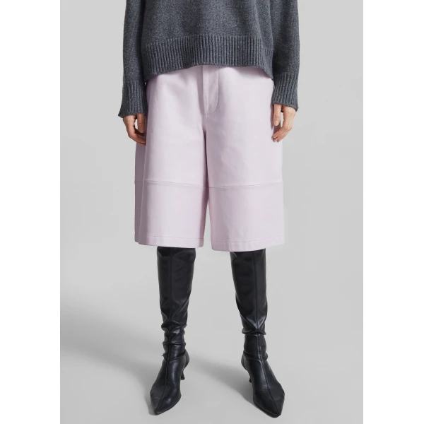 The Frankie Shop Olivia Leather Bermuda Shorts - Faded Pink - Oversized Minimalist Shorts in Pink - Shop at Luxury Shoes 