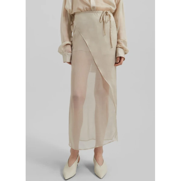 The Frankie Shop Oria Sheer Silk Chiffon Wrap Skirt - Beige - Oversized Minimalist Skirts in Beige - Shop at Luxury Shoes 