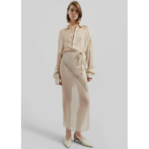 The Frankie Shop Oria Sheer Silk Chiffon Wrap Skirt - Beige - Oversized Minimalist Skirts in Beige - Shop at Luxury Shoes 