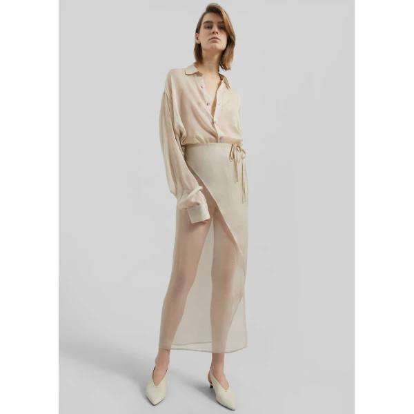 The Frankie Shop Oria Sheer Silk Chiffon Wrap Skirt - Beige - Oversized Minimalist Skirts in Beige - Shop at Luxury Shoes 