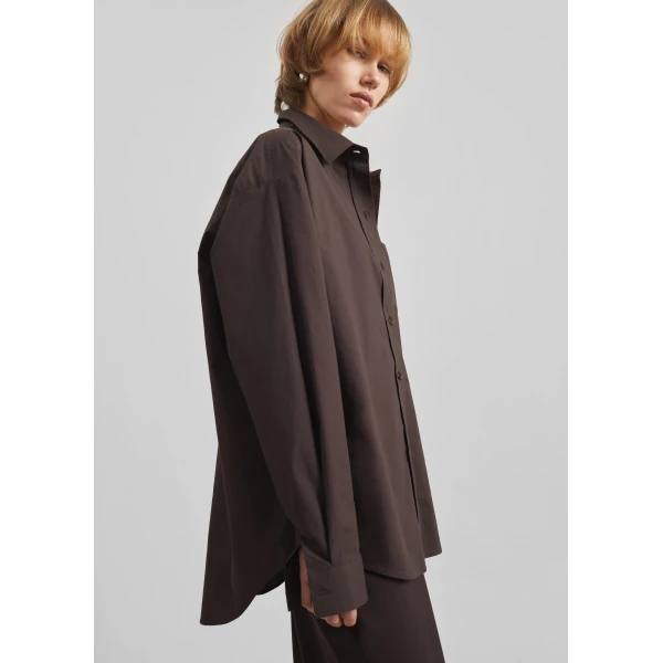 The Frankie Shop Ornella Side Button-Up Shirt - Brown - Oversized Minimalist Tops in Beige - Shop at Luxury Shoes 