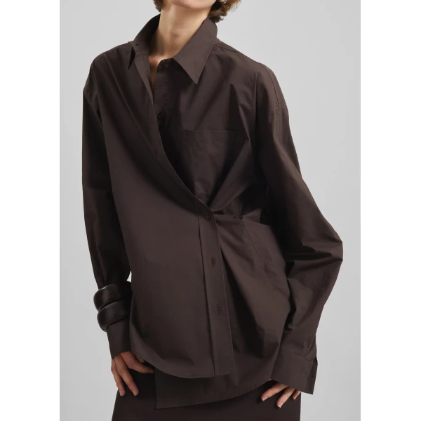 The Frankie Shop Ornella Side Button-Up Shirt - Brown - Oversized Minimalist Tops in Beige - Shop at Luxury Shoes 