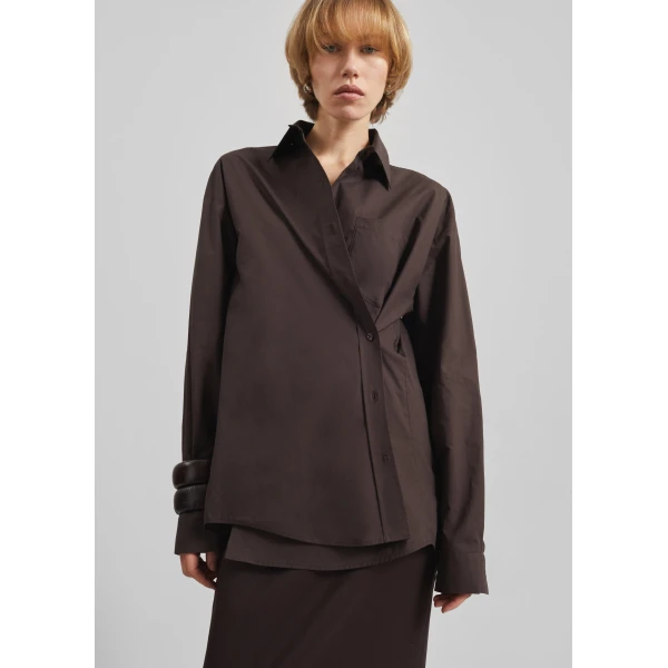 The Frankie Shop Ornella Side Button-Up Shirt - Brown - Oversized Minimalist Tops in Beige - Shop at Luxury Shoes 