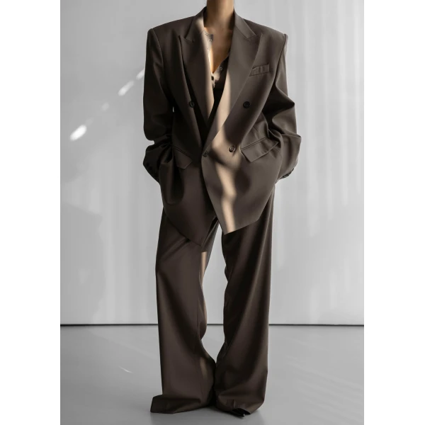 The Frankie Shop Pallen Double Breasted Blazer - Brown - Oversized Minimalist Jackets in Beige - Shop at Luxury Shoes 