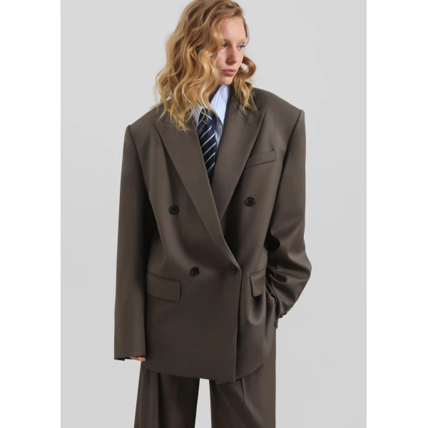 The Frankie Shop Pallen Double Breasted Blazer - Brown - Oversized Minimalist Jackets in Beige - Shop at Luxury Shoes 