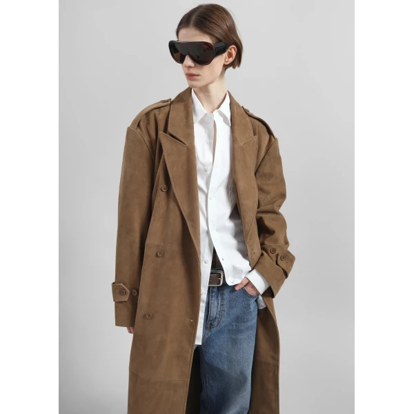 The Frankie Shop Pembroke Faux Suede Trench - Camel - Oversized Minimalist Coats in Beige - Shop at Luxury Shoes 