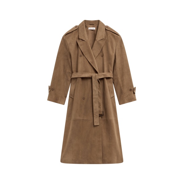 The Frankie Shop Pembroke Faux Suede Trench - Camel - Oversized Minimalist Coats in Beige - Shop at Luxury Shoes 