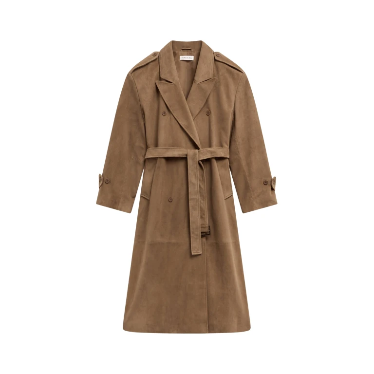 The Frankie Shop Pembroke Faux Suede Trench - Camel - Oversized Minimalist Coats in Beige - Shop at Luxury Shoes 