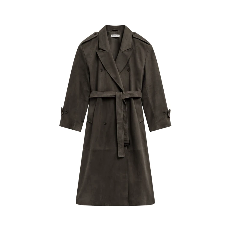 The Frankie Shop Pembroke Faux Suede Trench - Mousse - Oversized Minimalist Coats in Beige - Shop at Luxury Shoes 