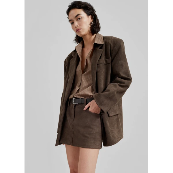 The Frankie Shop Peoria Faux Suede Blazer - Brown - Oversized Minimalist Jackets in Beige - Shop at Luxury Shoes 
