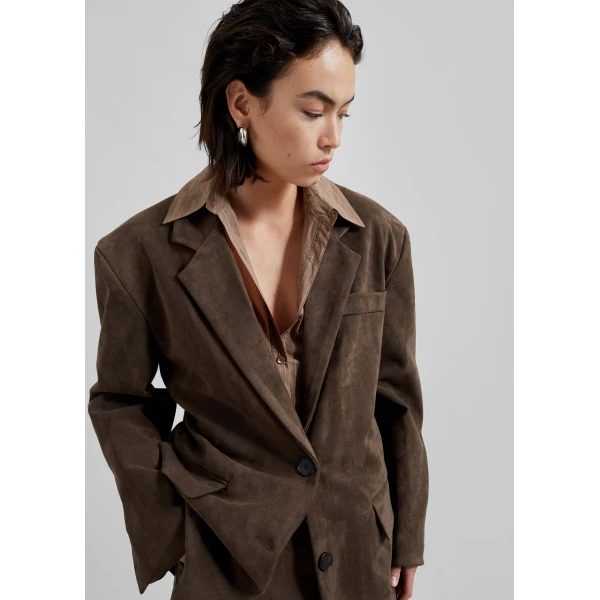 The Frankie Shop Peoria Faux Suede Blazer - Brown - Oversized Minimalist Jackets in Beige - Shop at Luxury Shoes 