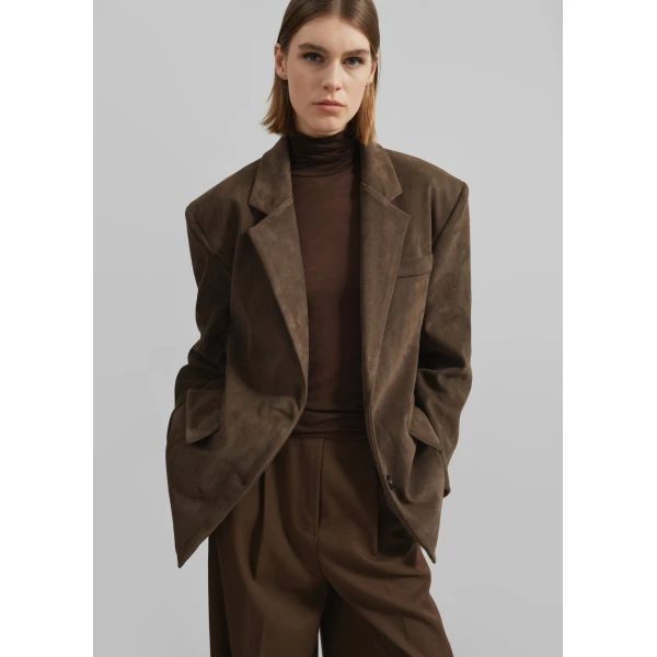 The Frankie Shop Peoria Faux Suede Blazer - Brown - Oversized Minimalist Jackets in Beige - Shop at Luxury Shoes 