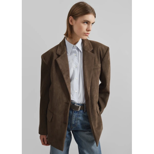 The Frankie Shop Peoria Faux Suede Blazer - Brown - Oversized Minimalist Jackets in Beige - Shop at Luxury Shoes 