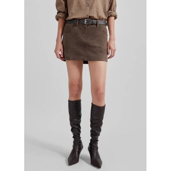 The Frankie Shop Peoria Faux Suede Mini Skirt - Brown - Oversized Minimalist Skirts in Beige - Shop at Luxury Shoes 