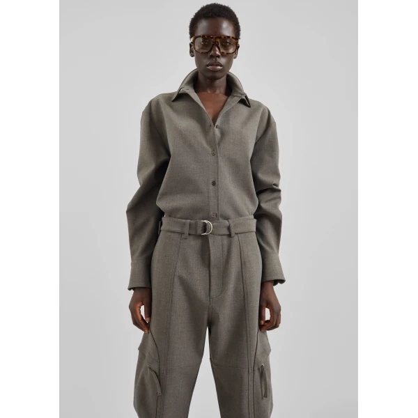 The Frankie Shop Peri Double Weave Shirt - Taupe Melange - Oversized Minimalist Tops in Beige - Shop at Luxury Shoes 