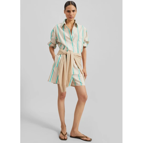 The Frankie Shop Peri Fluid Shirt - Beige Multi Stripe - Oversized Minimalist Tops in Multicolour - Shop at Luxury Shoes 