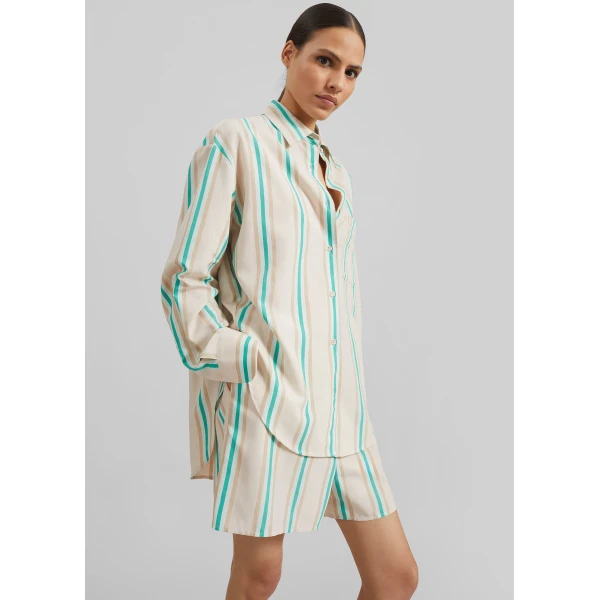 The Frankie Shop Peri Fluid Shirt - Beige Multi Stripe - Oversized Minimalist Tops in Multicolour - Shop at Luxury Shoes 