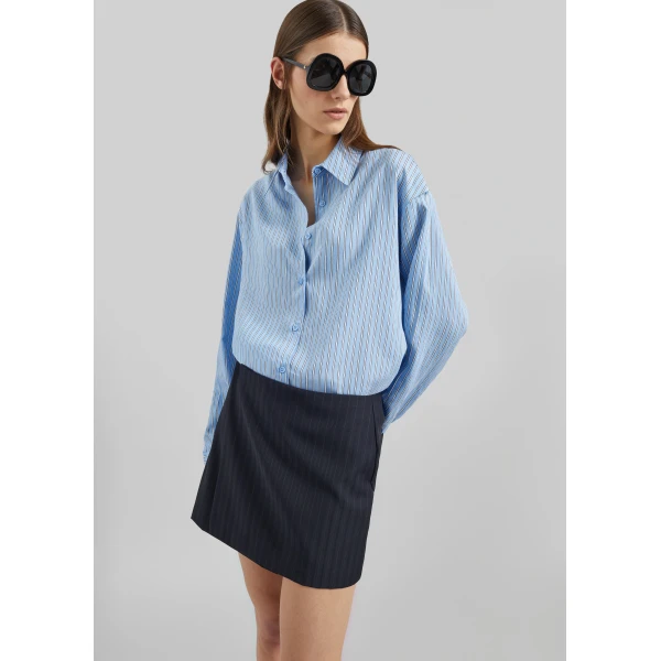 The Frankie Shop Peri Fluid Shirt - Blue/White Stripe - Oversized Minimalist Tops in Multicolour - Shop at Luxury Shoes 